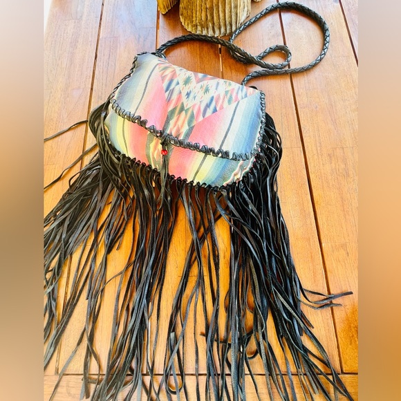 $770~TOTEM SALVAGED Western Saltillo Serape Leather Fringe Crossbody Purse - Picture 13 of 14